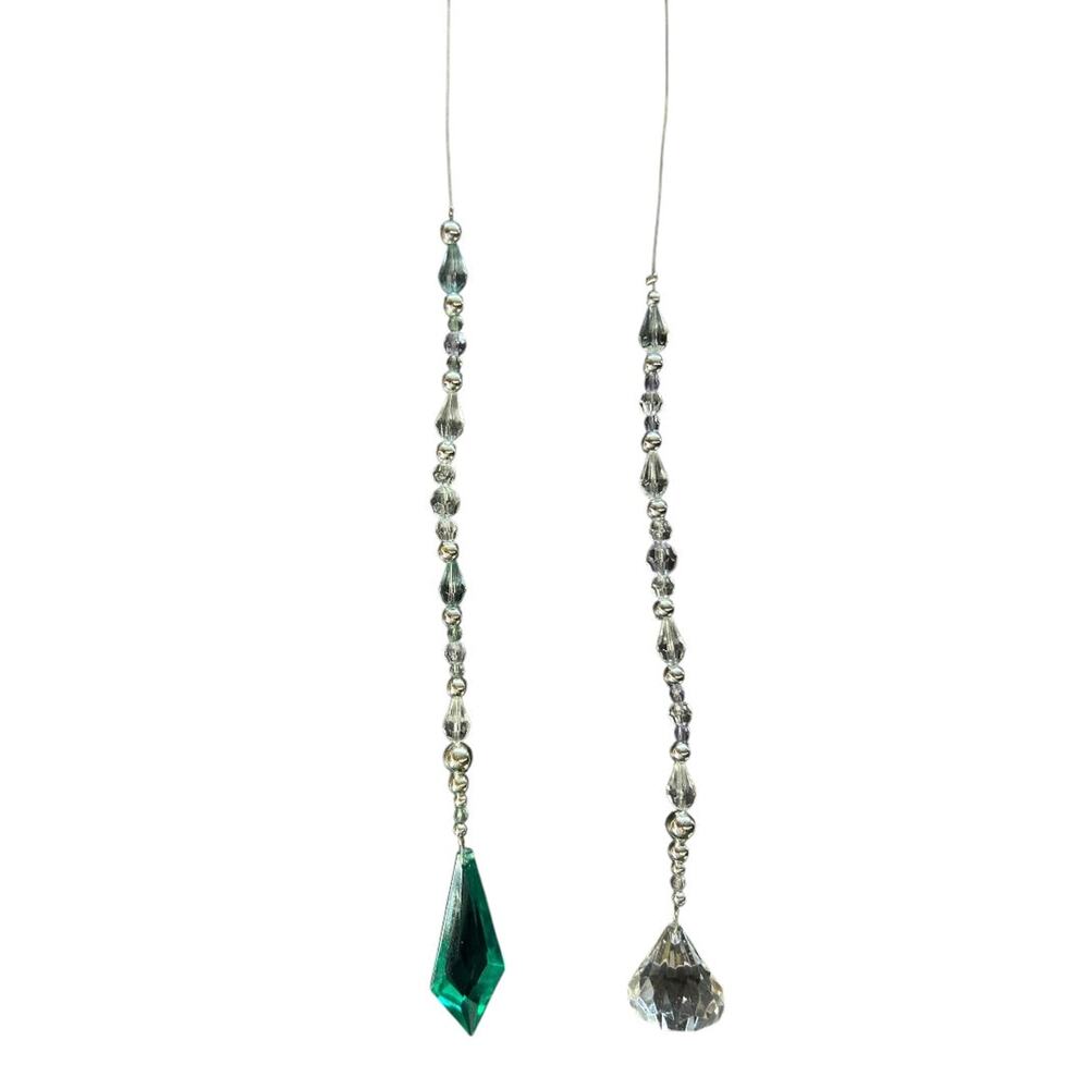 Two Wire Acrylic Beaded Hanging Prisms Clear Teal Silvertone 14.5 Inch